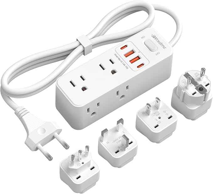 European Travel Plug Adapter, WRXDMC Universal Power Adapter for EU UK DE JP,6 AC Outlets, 4 USB Ports with 5ft Extension Cord, International Power Strip, Compact for Travel, Cruise Ship Must Have