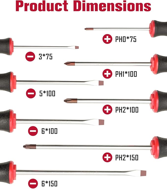 ROTATION 8-Piece Magnetic Screwdrivers Set with red tip, 4 Phillips and 4 Slotted Tips, Professional Cushion Grip Screwdriver Set with High Torque