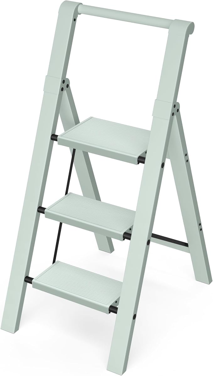 Taranta 3 Step Ladder,Lightweight Aluminum Step Stool with Convenient Handgrip, Folding Ladder with Anti-Slip Pedals, 330lbs Capacity Stepladder for Home, Office, Kitchen-Fairyland Green