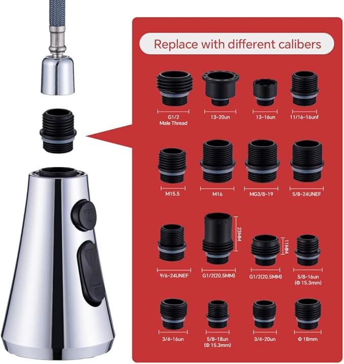 Universal Kitchen Faucet Replacement Pull Down Sprayer with 3-Spray Modes & 16 Adapters - Compatible with Moen, Kohler, and Delta and Sink Faucets (Chrome silver)