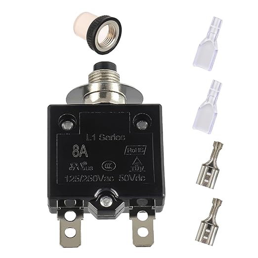 8A Manual Reset Push Button Circuit Breaker 125/250V AC 50V DC Thermal Overload Protector with Quick Connect Terminals and Waterproof Button Caps Assortment Kit(Pack of 1 pcs)