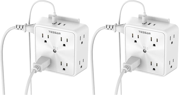 Surge Protector 8 Outlet Extender, TESSAN Multi Outlet Splitter with 3 USB Wall Charger (1 USB C Port), 3-Sided Multiple Plug Power Strip 1700J, Charging Station for Home Office Dorm Room (Pack of 2)