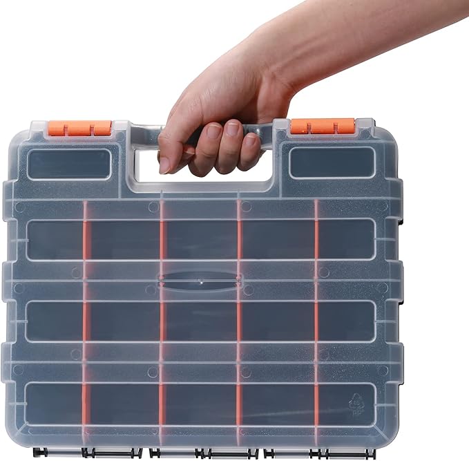 EMENTOL 2PCS Double Side Tool Organizer with Impact Resistant Polymer and Customizable Removable Plastic Dividers, Hardware Box Storage, Excellent for Screws, Nuts, 34-Compartment, Black/Orange
