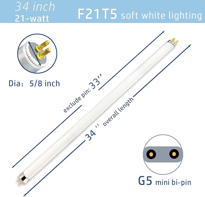 6pack F21T5/830 21Watt 34 inch Fluorescent Light Bulb, T5 3000K Soft White Linear Tube, F21T5/21W/830 Warm White Replacement for Under Counter Fixture