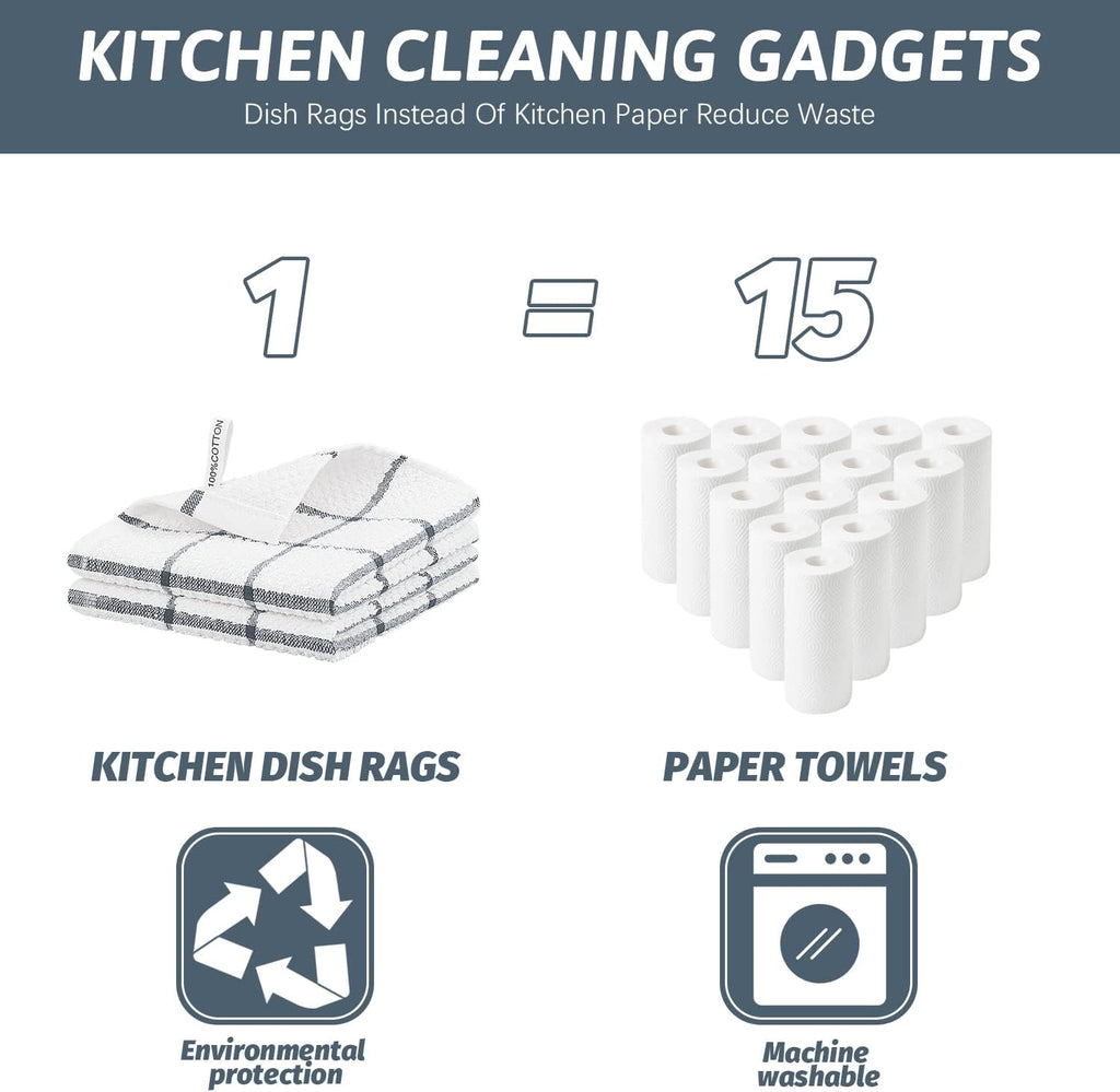 Nialnant Cotton Terry Dish Cloths,8 Pack Dish Rags for Washing Dishes,Super Soft and Absorbent Cleaning Rags - Grey Plaid