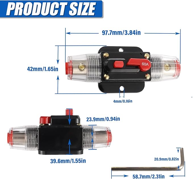 BOJACK 60A Audio Inline Circuit Breaker Reset Fuse Holder 12-24V DC Manual Reset Fuse Holder 3-15 AWG Overload Protection for Car Audio Sound Amplifier System RV Marine Boat Truck Solar Inverter