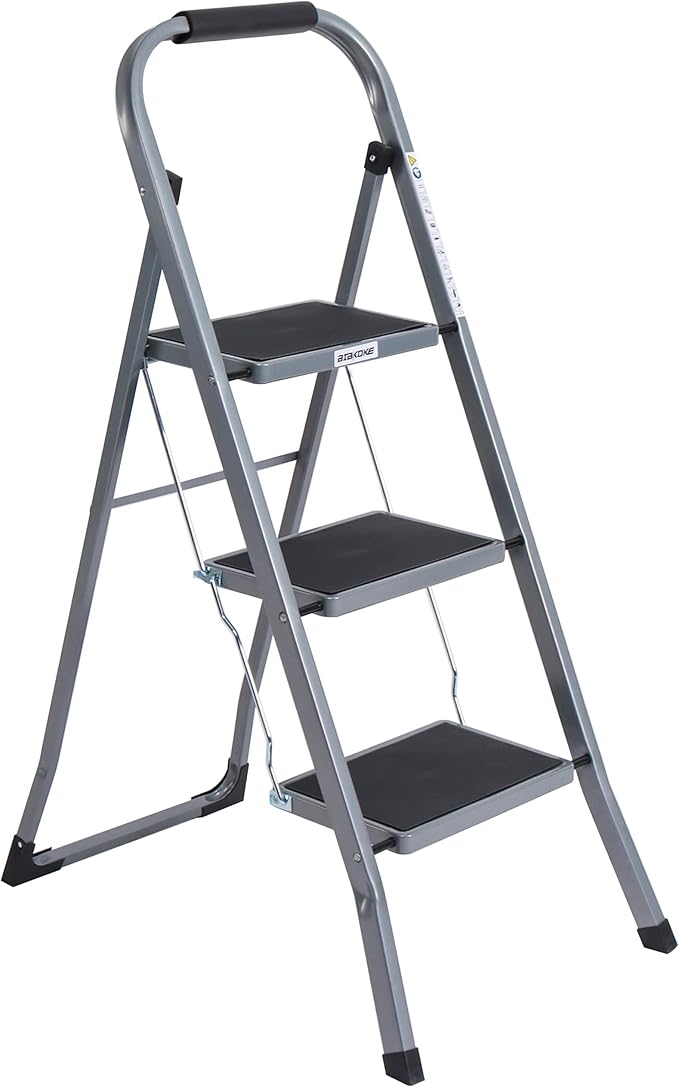 3-Step Ladders Folding Step Stool with Anti Slip Pedal and Handgrip Portable Sturdy Ladder for Home & Office 330 Lbs Silver Grey