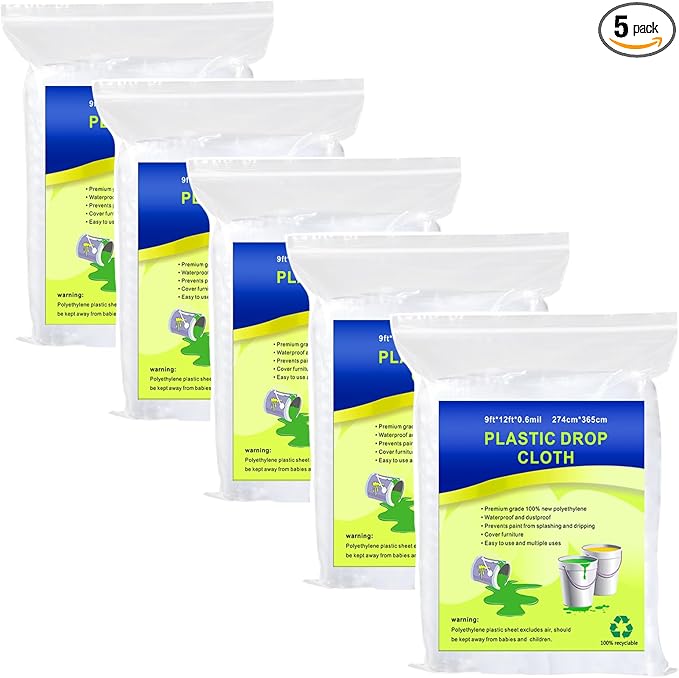 5 Pieces Plastic Drop Sheets for Painting, Waterproof and Dust-Proof Clear Cloth for Furniture Cover, 9x12 Feet Tarps
