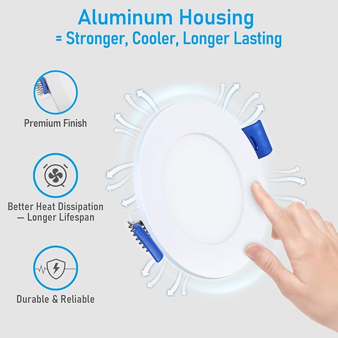 TORCHSTAR Basic Series 12-Pack 5CCT 3 Inch Ultra-Thin LED Recessed Lighting with J Box, CRI90, Aluminum, 2700K3000K3500K4000K5000K, 5%-100% Dimmable Slim Recessed Downlight, 6W 450LM, ETL & ES