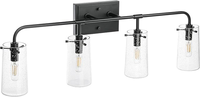 XiNBEi Lighting Bathroom Vanity Light, Industrial 4 Light Vanity Light Black Wall Light Fixture with Clear Seeded Glass Over Mirror XB-W1283-4-MB