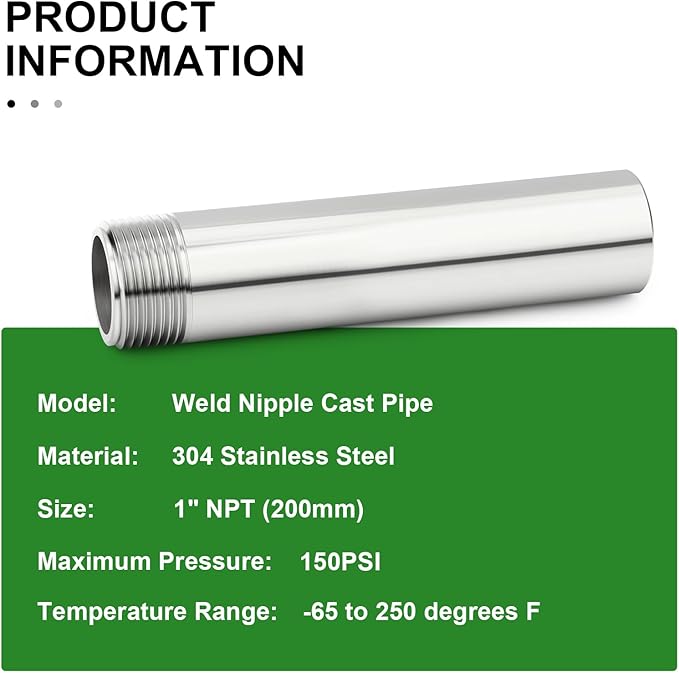 TAISHER 1PCS 304 Stainless Steel Pipe Fittings, 1" NPT Male Threaded, 8" Length Weld Nipple Cast Pipe