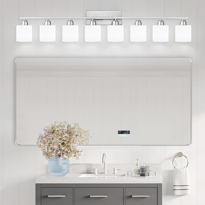 Brushed Nickel Light Fixture Bathroom for Huge Mirror, 8 Light Mirror Lights with Milky White Frosted Glass Shades, 51 inch Bathroom Mirror Lights for Mirrorss, E26 Socket
