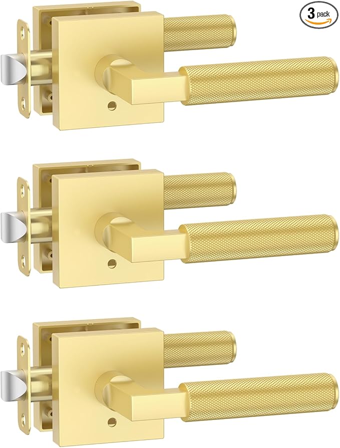 Amerdeco 3 Pack Privacy Door Handles - Brushed Gold Interior Lever, Knurled Heavy Duty for Bedroom and Bathroom, Reversible Keyless for Right & Left Side AM0021
