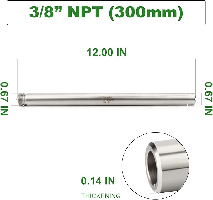 TAISHER 2PCS 304 Stainless Steel Pipe Fittings, 3/8" NPT Male Threaded, 12" Length Weld Nipple Cast Pipe