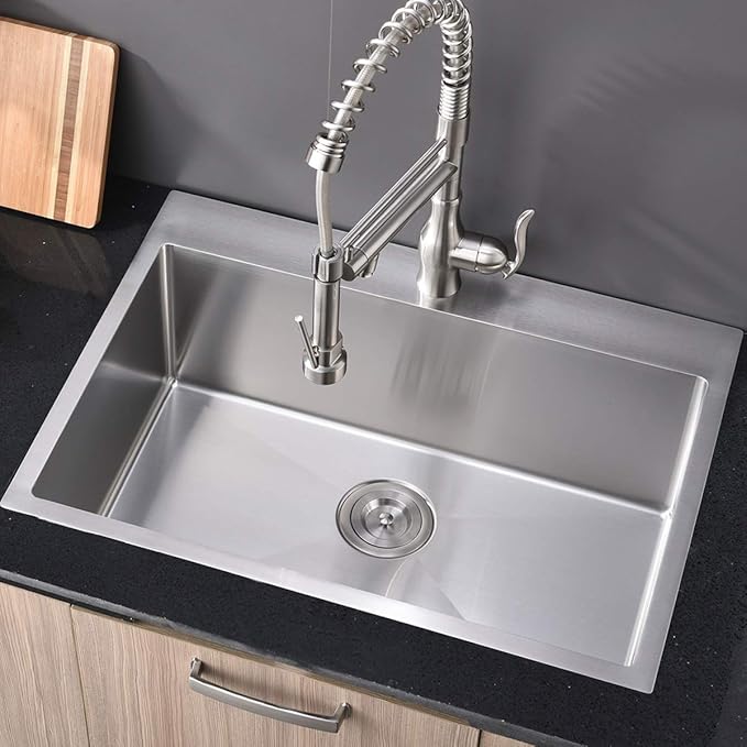 SHACO 28 Inch Drop In Kitchen Sink, Commercial Handmade T304 16 Gauge Stainless Steel Top Mount Sink, 9 Inch Deep Single Bowl Basin Laundry Utility Wet Prep Sink, Fregadero