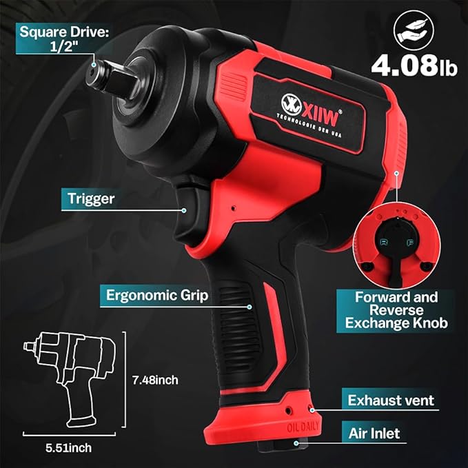 1/2 Inch Composite Air Impact Wrench | Compact & 4.08 lbs Lightweight Design | Max Torque 1200 ft-lbs | Variable Power Settings | 8500RPM Heavy Duty 1/2 Air Impact Gun Pneumatic Tool for Auto Repair