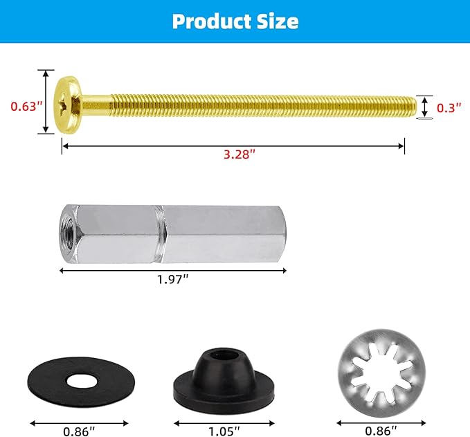 Hibbent 4 PCS Universal Toilet Seat Bolts Kit, Heavy Duty Solid Brass Toilet Bolts with Extra Long Stainless Steel Downlock Nuts Rubber Washers Gaskets, Easy to Install - Bathroom Toilet Repair Screw