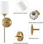 Gold Wall Sconce Set of 2 with White Cylinder Glass Shades Modern Mid Century Bathroom Vanity Wall Light Fixtures Industrial Brushed Brass Wall Lamp for Bedroom Mirror Living Room Restaurant