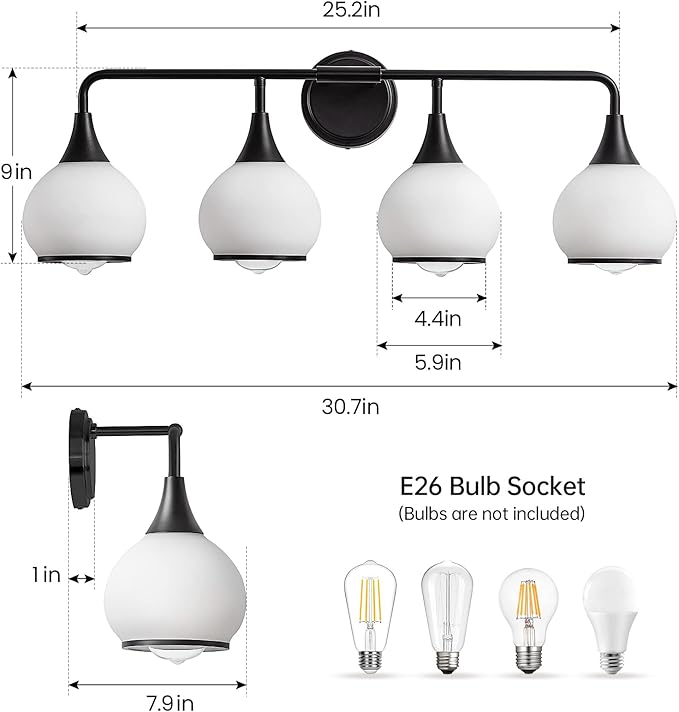Black Bathroom Light Fixtures 4-Lights Vanity Lights with Milky White Frosted Glass Shade Bathroom Vanity Light 30.7 inch Wall Sconce Lighting Bath(Exclude E26 Bulb)