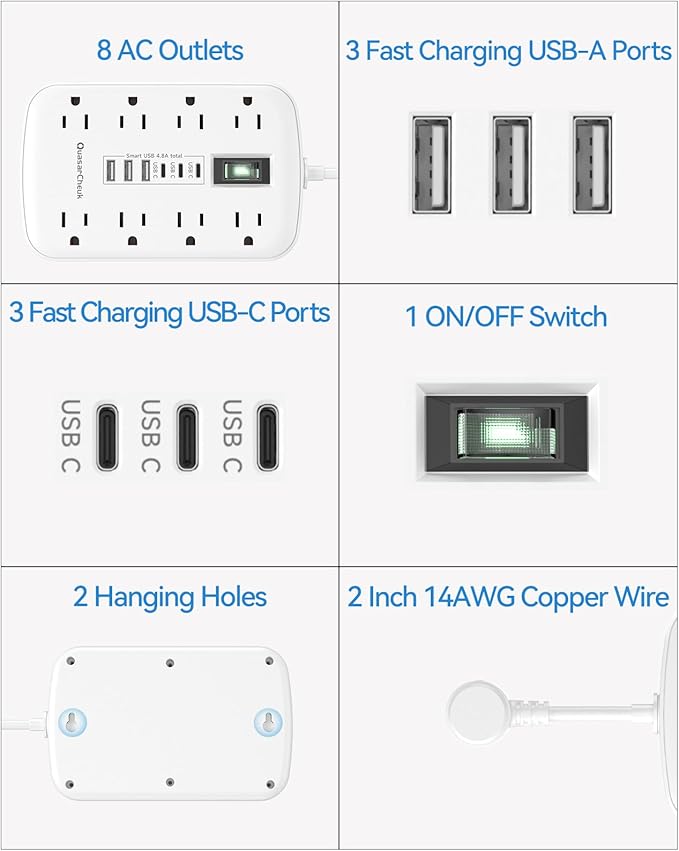 Short Extension Cord 2 inch, Small Power Strip Flat Outlet Extender Surge Protector with 8 AC Outlets 6 USB (5V/4.8A 24W), Mini Extension Cord Flat Wall Plug for Home Office Dorm Kitchen Bathroom