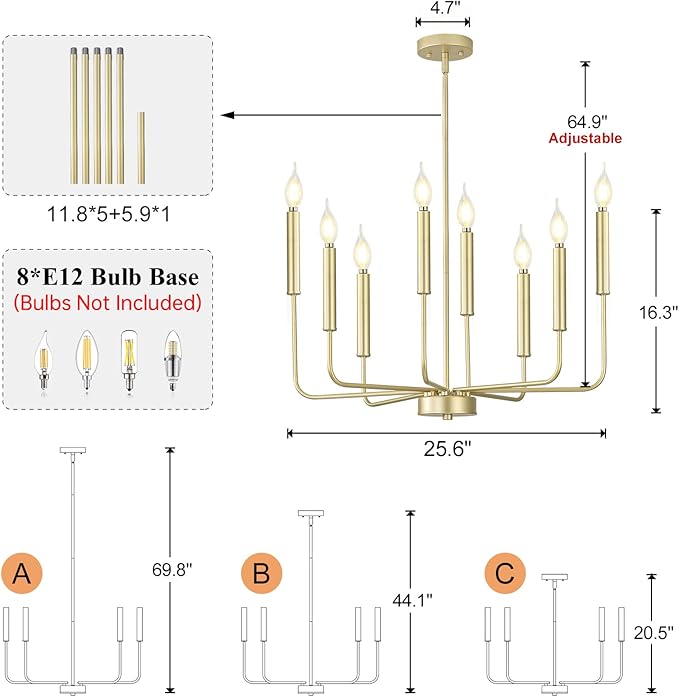 Qamra Modern Farmhouse Gold Chandelier for Dining Room, 8-Light Rustic Candle Chandelier Light Fixture, Industrial Hanging Chandeliers Lighting for Living Room, Kitchen, Staircase, Entryway, Foyer