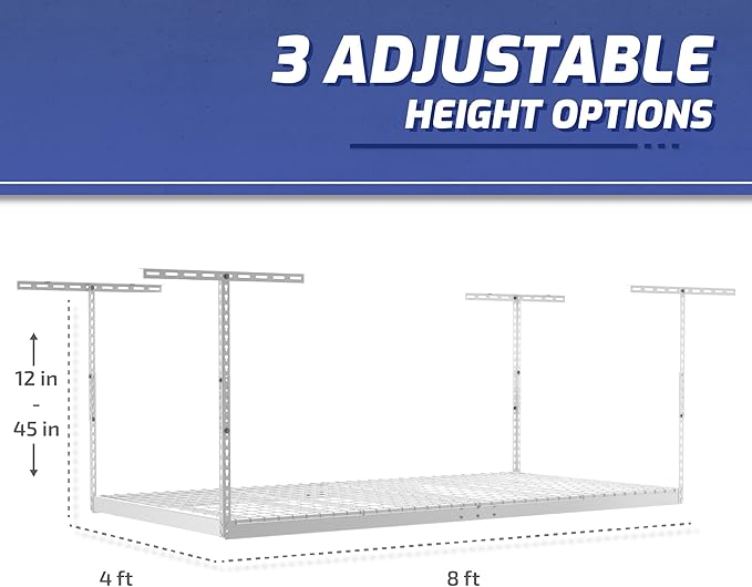 SafeRacks Overhead Garage Storage Rack, Heavy Duty Racks for Garage w/ 600 lb Capacity, Easy Garage Storage Adjustable Storage Rack Ceiling Mount Storage for Garage 4x8 White, 12"-21" (2 Pack)