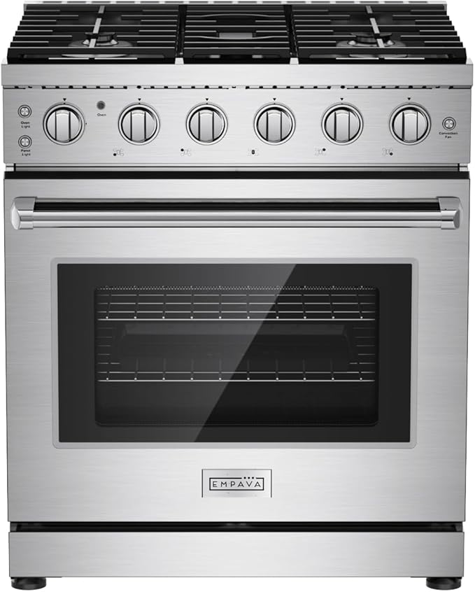 Empava 30 Inch Gas Range with True Convection, 4.55 Cu. Ft Oven, 18,000 BTU Power Burner for Searing, 5 Sealed Burners Cooktop, Convertible NG/LP, Stainless Steel, CSA Certified