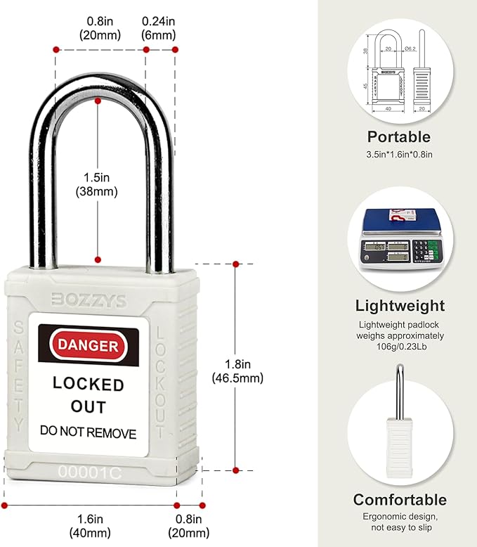 Lockout Tagout Locks 6-Pack｜OSHA White Loto Locks Keyed Different｜2 Keys/Lock for Industrial Machinery & Electrical Panels｜Chrome Steel & Laser Coding