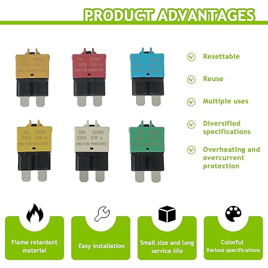 5A 10A 15A 20A 25A 30A DC 12V-32V Manual Reset Circuit Breaker ATC/ATO Low Profile T3 Mini Blade Fuses Breakers for Car Trucks Marine Boat RV Solar and More,2 Pack