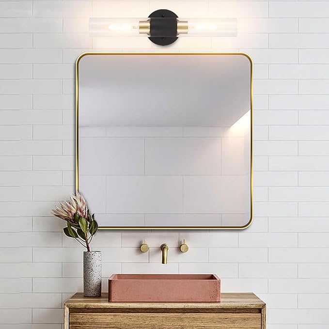 Modern Knurled Texture Wall Sconce Clear Glass Shade Modern Gold Black Bathroom Vanity Light Fixtures 2-Lights Mid Century Wall Light for Mirror Living Room Hallway E26 T10 Bulbs(Excluded)