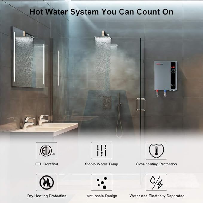 Tankless Water Heater Electric 24kW 208~240 Volt, ThermoMate On Demand Instant Endless Hot Water Heater, Digital Temperature Display for Residential Whole House Shower, 102A GRAY