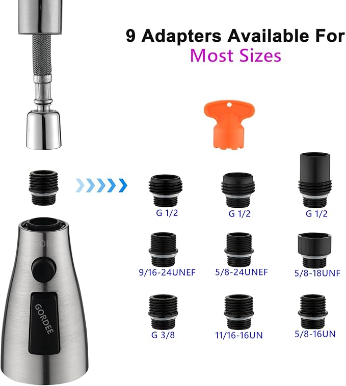 [Upgraded] GORDEE Kitchen Faucet Sprayer Head Replacement, 3-Function(Stream/Spray/Blade) Sprayer Spout Nozzle w/Check Valve, 1.8 GPM, 9 Adapters to Fit Most Standards of Faucets, Brushed Nickel
