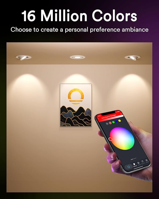 Lumary 4 Inch Smart Gimbal Recessed Lighting, 9W 810Lm ETL-Listed Eyeball Soffit Light, 40° Tilt Directional Color Changing LED Ceiling Downlight, Work with Alexa/Google Assistant, CRI 90+, 1Pack