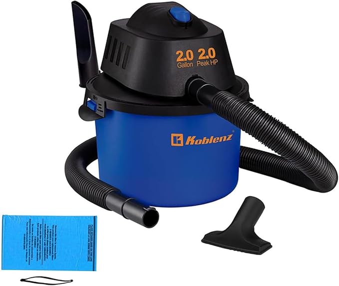 Koblenz WD-2L Portable Wet Dry Vacuum, 2-Gallon 2 PHP Suction Plus Blower Vacuum Cleaner for Liquids, Dust, Pet Hairs, 10' Reach, Ideal for Home, Car, Garage, Shop, Accessories Included, Blue/Black