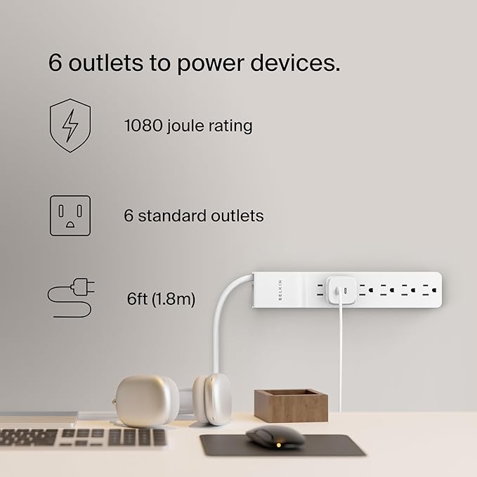 Belkin 6-Outlet Power Strip Surge Protector w/Flat Rotating Plug, 6ft Cord – Ideal for Personal Electronics, Small Appliances and More (1080 Joules), White, 6' - 6 Pack