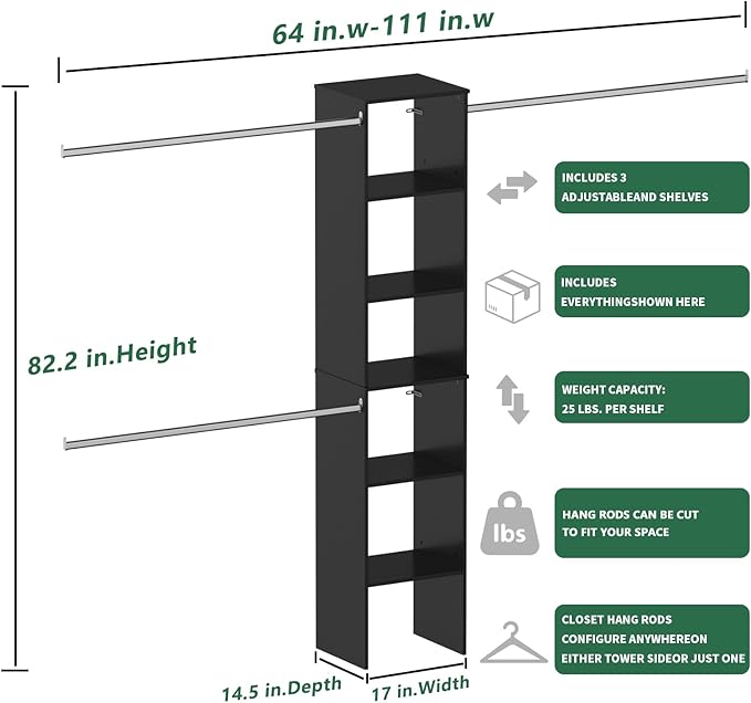 Closet System, 17" Wide Closet Organizer System with 3 Hanging Rods, Wood Tower Closet Storage for Walk In Closets, Wall Mounted Wardrobe Organizer Kit, Bedroom, Fits Spaces 5-9 ft, Black