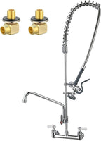 47" Height Commercial Sink Faucet with Sprayer, 8 Inch Center Wall Mount Kitchen Sink Faucet with Down Pre-Rinse Sprayer, Compartment Sink Faucet with 12" Swivel Spout for Restaurant