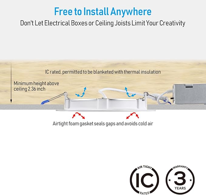 TORCHSTAR 8-Pack 5CCT 6 Inch Slim LED Recessed Lighting with Junction Box, Anti-Glare Baffle Trim, CRI90 Dimmable Aluminum Ceiling Downlight, Air Tight & IC Rated, 2700K3000K3500K4000K5000K Selectable