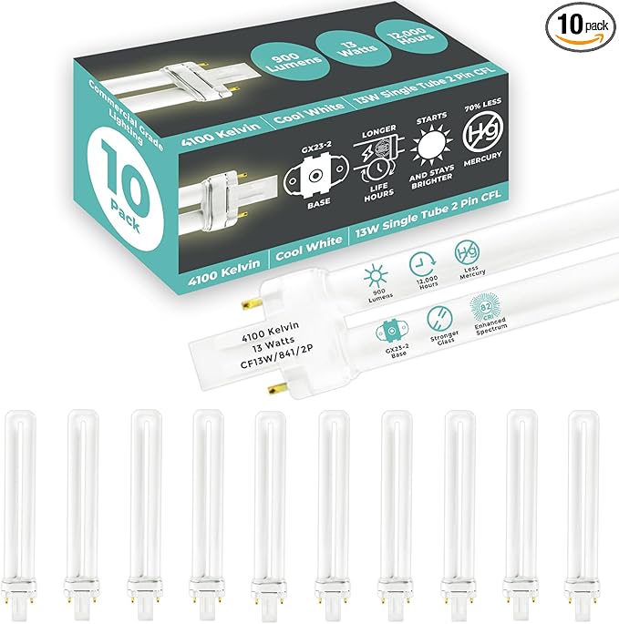 GoodBulb 13 Watt CFL Light Bulbs | 2 Pin GX23 Base 4100K Cool White | 13W High Output 800 Lumens | Single Tube Compact Fluorescent Light Bulbs Plug-in | 10 Pack