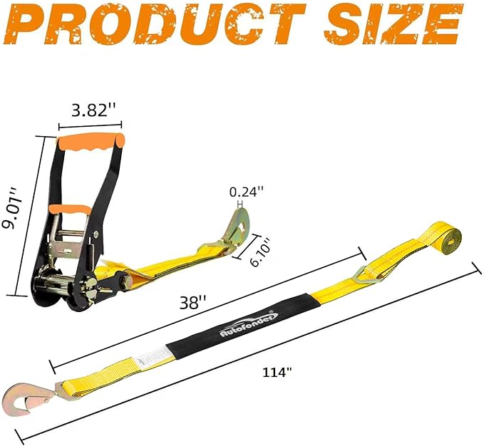 Heavy Duty Adjustable Car Tie Down Kit with Snap Hooks -Break Strength 10,000 lbs-Working Load 3333 lbs-2 Inch x 114 Inch - 4 Pack Axle Tie Down Straps (Yellow)