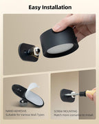 LED Wall Mounted Lights, Rechargeable Wall Sconces with Remote & Touch Control, 3 Color Temperatures 360° Rotation Dimmable Cordless Wall Light for Bedroom Study Reading Bedside (Black, 3 Pack)