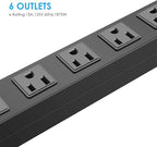 Metal Wall Mount Power Strip, Mountable Power Outlet with 6 AC Outlets, Aluminum Alloy Mount Power Socket with Switch, 15 FT SJT 3/C 14AWG Power Cord, 15A 125V 1875W (6AC) Black