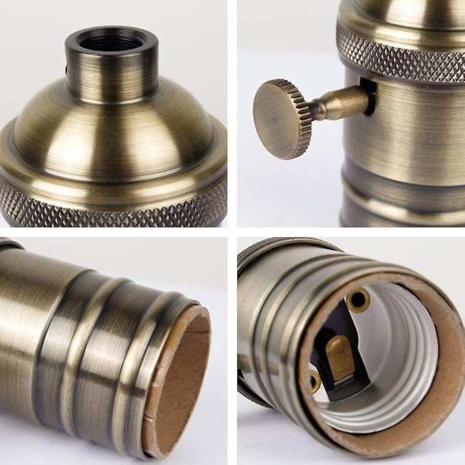 2 Pack Lamp or Fixture Replacement, E26/ E27 Solid Brass Industrial Light Socket Vintage Edison Pendant Lamp Copper Holder with Switch (Antique Brass)