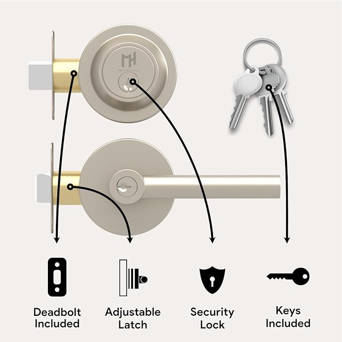Mega Handles Ronn Entrance Combo, Entry Lever Door Handle and Single Cylinder Deadbolt Lock and Key Combo Pack, Heavy Duty Round Locking Door Levers Set for Left or Right-Handed Doors - Satin Nickel