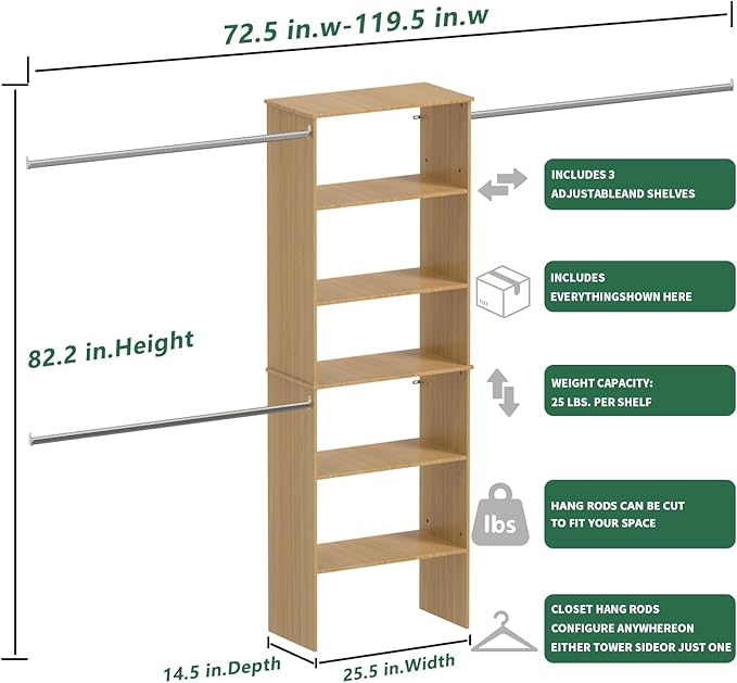 Closet System, 22.5" Wide Organizer with 3 Hanging Rods, Wood Tower Storage for Walk In Closets, Wall Mounted Wardrobe Organizer Kit, Bedroom, Fit Space 6-10 ft