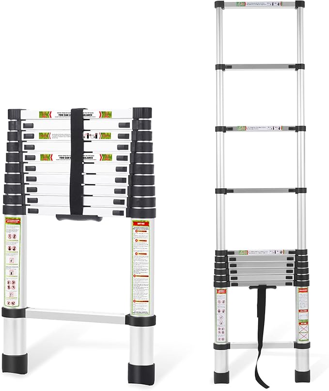 RIKADE Telescoping Ladder 10.5FT & Attic Ladder, Heavy Duty Aluminum with Non-Slip Feet, 330lb Capacity for RV, Attic, Roof & Multi-Surface Use