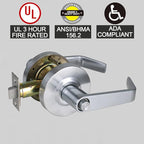 Privacy Commercial Door Locks Heavy Duty Grade 2 Lever for Commercial Bathroom, Non-Handed, UL 3 Hour Fire Rated, ADA Compliant, Satin Chrome Finish 26D, 2-3/4''Backset, X-XG-BK-70