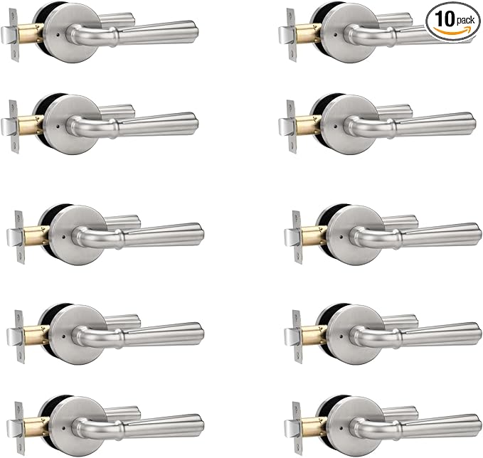 Orger 10 Pack Satin Nickel Privacy Door Lever Interior Door Handle with Lock, Keyless Bed Bath Door Handle Round Door Lever Reversible for Left & Right, Modern Privacy Door Lock Stainless Steel