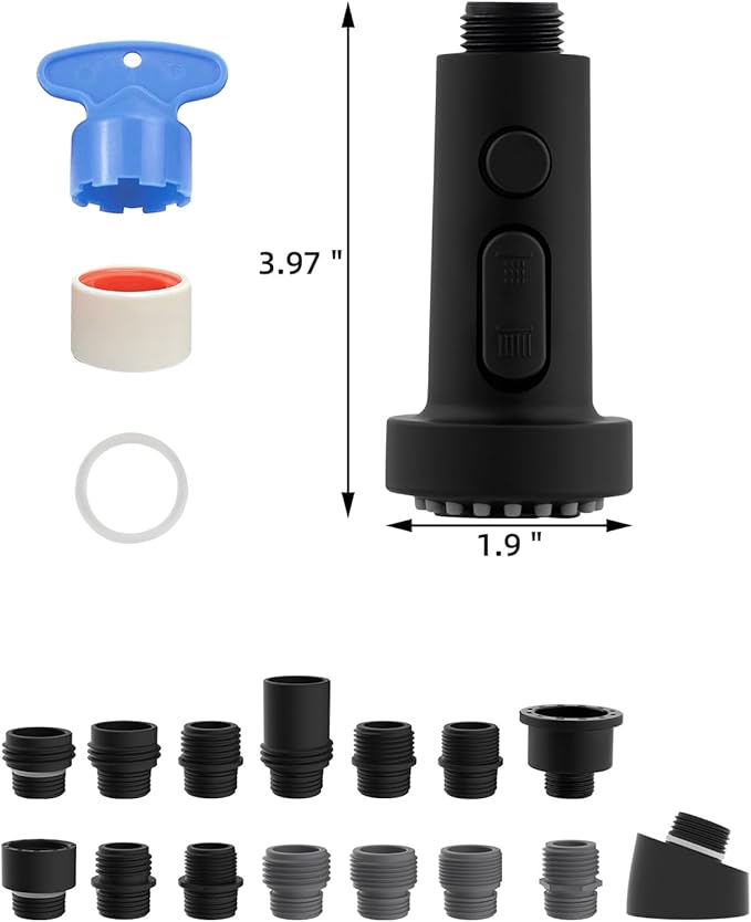 Hibbent Pull Down Kitchen Faucet Head Replacement, 3 Function Sink Faucet Sprayer Head Nozzle with 15 Adapters, Compatible with Moen, American Standard, Delta, Kohler Faucets, Matte Black