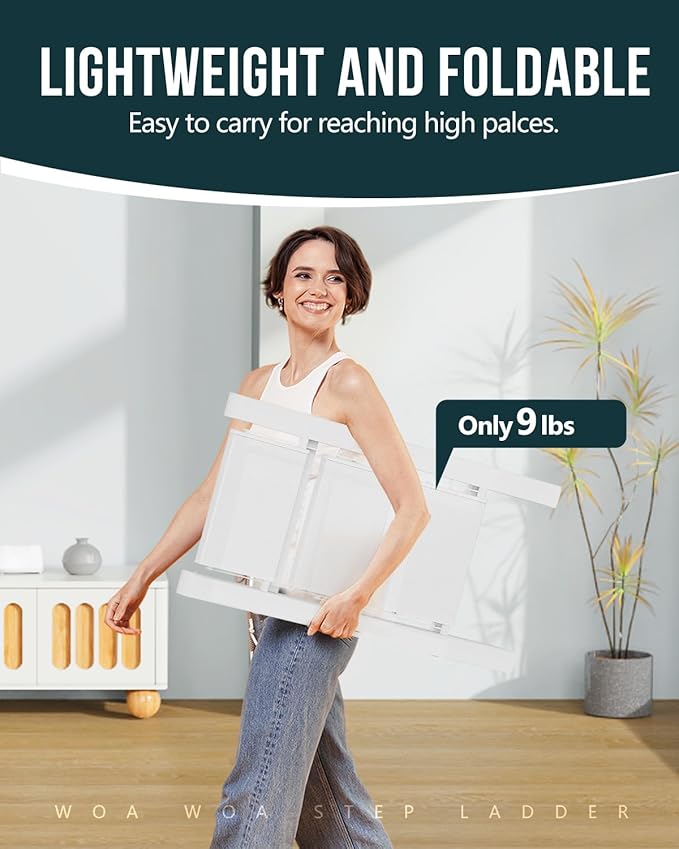 WOA WOA Step Ladder, Widen Pedals Folding Step Stool with Anti-Slip Foot, Portable Lightweight Aluminum Ladder, Household Stepladder for Kitchen, Fold Thin & Space Save, 300 lbs Load (3 Step, White)